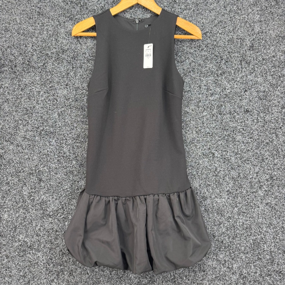 Express Black Bubble Hem Mini Dress Sleeveless Drop Waist Crew Neck NWT Small